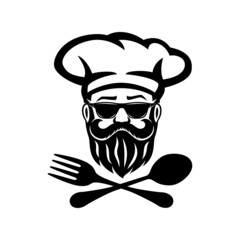 Chef icon with fork and spoon isolated on white background.