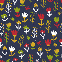 Colorful seamless pattern with simple flowers, leaves, plants on a dark background. Simple flat floral illustration for wrapping paper, fabric design