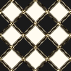 Fototapeta premium Checkered vintage black and white pattern with realistic gold chains, beads. Vector seamless background.