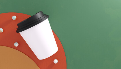 white paper cup of coffee on red ang green background. greeting, card, poster and banner mockup...