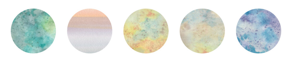 Backgrounds in a circle, set for design, Watercolor abstract planets.