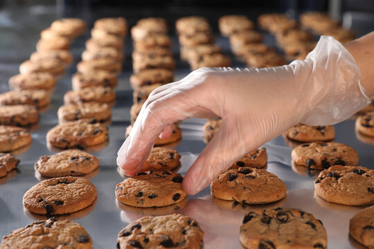 Woman taking delicious cookie from production line, closeup