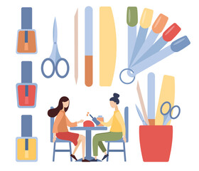Professional manicure set. Various manicure supplies, equipment, tools. Nail scissors, nail file, nail polish. Woman visiting beauty salon and master manicure. Vector flat illustration
