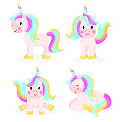 Vector set of cute funny Unicorns. Cartoon illustration. Christmas cute penguin characters.