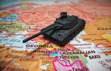 Toy tanks on the map. Nagorno-Karabakh conflict.