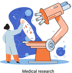 Medical research metaphor. Laboratory diagnostic services, Scientists work equipment and microscope. Virologists chemistry clinic laboratories, microbiology pharmaceutical research. Vaccine discovery