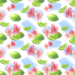 Watercolor colorful background with tropical flowers, lime and blue spots. Seamless pattern for bright colorful wallpapers, menus, textiles, packaging, office and bed linen.