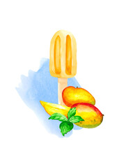 A colorful composition with ice cream decorated with mango and mint leaves. Watercolor hand drawing for decorating postcards, menus and posters about food and desserts.