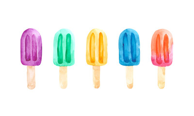 Collection of fruit ice cream on a stick, on a white background. Watercolor drawing for decorating postcards, menus and posters about food and desserts.
