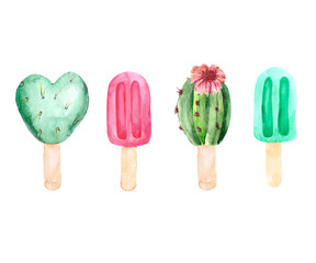 A collection of fruit and cactus ice cream, isolated on white. Watercolor drawing for decorating postcards, menus and posters about food and desserts.