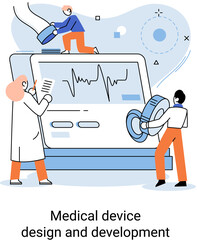 Medical device design and development metaphor with scientist develop research appliance, equipment and experiment. Laboratory diagnostic service chemistry clinic laboratories, pharmaceutical research