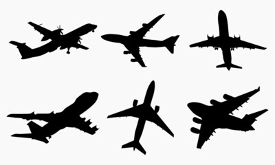 Set of airplanes silhouettes. Planes: in flight, takeoff, running, landing, front, up and profile, vector illustration of aircrafts