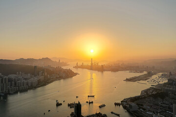 Victoria Harbour at evening during sunset, view at Devil Peak 9 April 2022