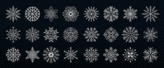 Fototapeta premium Beautiful set white snowflakes. New year design elements, frozen symbol.