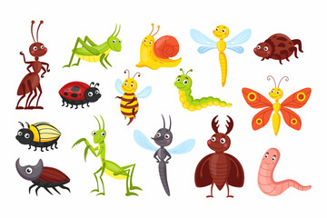 Cute bugs. Comic happy butterfly, ant and bee. Vector garden bug set with spider, wasp and dragonfly