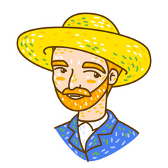Cartoon portrait of Dutch artist Vincent Van Gogh in a straw hat - 498253133