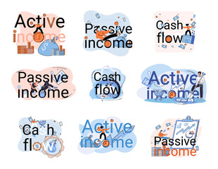Obraz premium Active and passive income concept. Idea of financial growth and development. Set of illustrations about earnings, profit, cash and money flow. Formation of stable income from work and investments