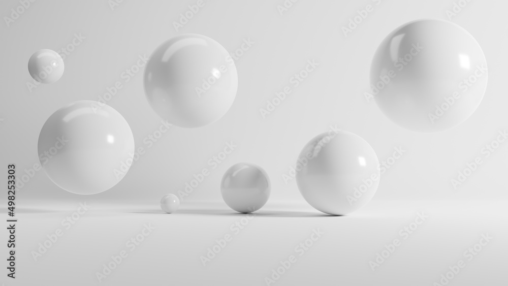 Fototapete abstract 3d rendering of white shiny spheres on white background.