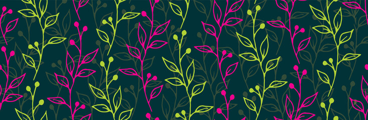 Berry bush sprigs natural vector seamless ornament. Boho floral fabric print. Wild plants foliage and stems illustration. Berry bush twigs summer seamless pattern