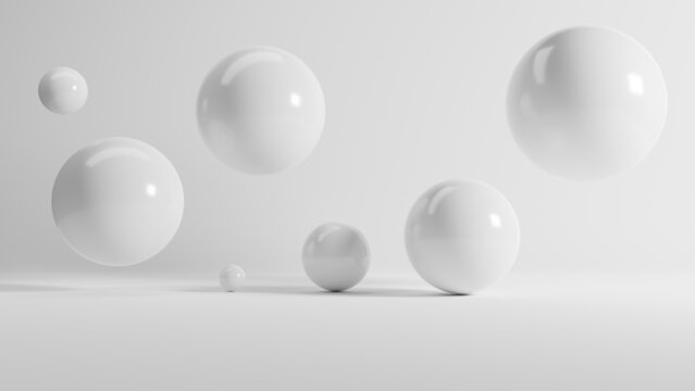 Abstract 3d Rendering Of White Shiny Spheres On White Background.