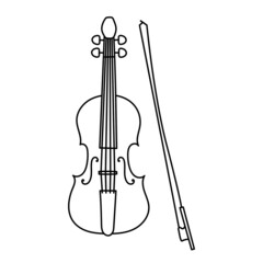 Musical instrument line sketch. Violin or viola with bow. Outline black and white vector illustration