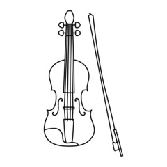 Musical instrument line sketch. Violin or viola with bow. Outline black and white vector illustration - obrazy, fototapety, plakaty