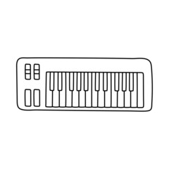 Midi keyboard. Musical instrument line sketch. Outline black and white vector illustration