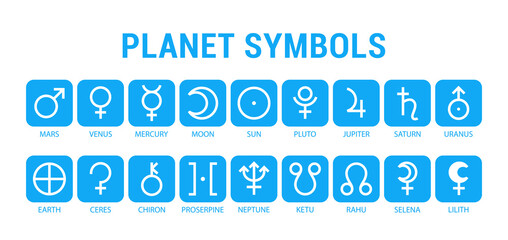 Planet symbols. Mars, venus, mercury and moon. Sun, pluto, jupiter and saturn. Uranus, earth, ketu and rahu. Selena and lilith