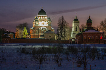 Night view of the Spaso-Borodinsky Monastery on the Borodino Field.