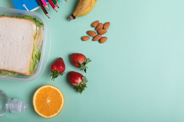 Overhead view of fruits and sandwiches in tiffin box on green background with copy space