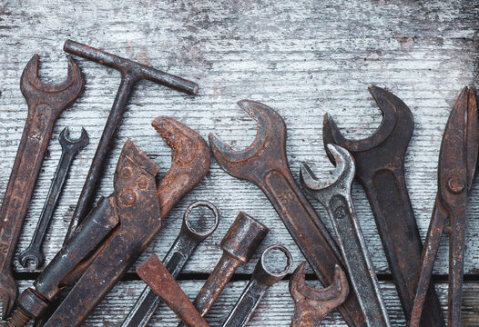 Set of old garage hand tools background
