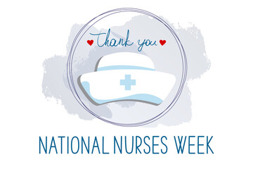 National Nurses Week medical vector concept. Framed medical cap and thank you text on white background. 