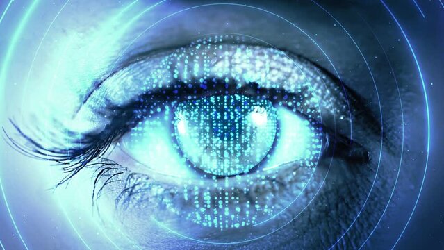 4K Digital composite of eye open and close while binary codes move Loop Animation. Concept of future,innovation, immersive technology, gaming,virtual reality. protection of persons, control security.