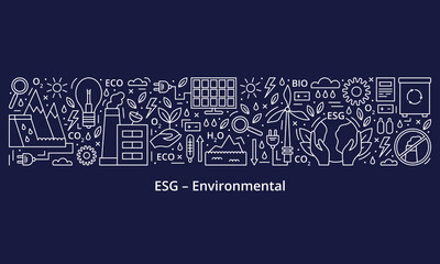 Set of ESG, ECO, BIO icons. ESG environmental criteria, the icons are at the top of the banner, the header is at the bottom. Banner. Template. Vector illustration isolated on dark background.