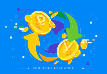 vector illustration currency exchange gold coin of the Russian ruble for the international currency Chinese yuan around the world