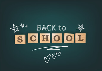 Back To School. Chalkboard Desk With Wooden Letters Blocks. Bright Flyer Or Background Template. Top View. Vector Illustration