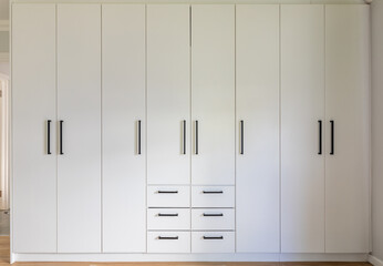 Closed doors and drawers of white wardrobe at home, copy space