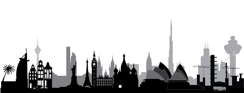 illustration world city skyline black and white