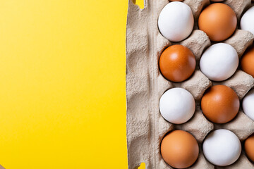 Directly above shot of brown and white eggs in egg carton on yellow background with copy space