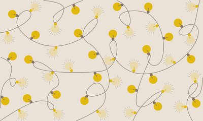 Intertwined string yellow bulb on yellow background. Light bulb vector pattern. Hand drawn light bulbs. Bulb pattern.