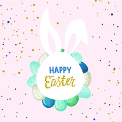 Happy Easter banner, poster, greeting card. Trendy Easter design with typography, bunnies,eggs, bunny ears, in pastel colors. The eggs are birch, blue, blue with gold spots of paint. 