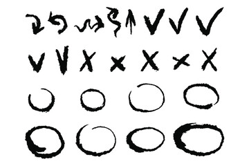 Hand drawn check  highlight marks, crosses and arrows signs. Doodle checkmarks answers test, confirmation, negation icons. Checklist marks template, voting set. Vector flat illustration isolated.