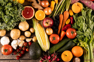 Overhead view of various fruits and vegetables on table