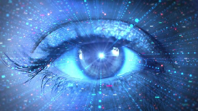 4k HUD Eye viewing digital Technology information circles and signs background. Concept of future,innovation, immersive technology, gaming,virtual reality. data, cyber technology eye panel concept