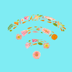 Wi-Fi sign wireless network protocol sign made of beautiful flowers. Symbol of internet access...