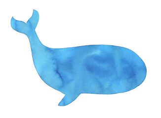 Watercolor shape of big beautiful whale with stains and brushstrokes. Hand painted watercolor graphic drawing on white, cut out clip design element for banner, poster, marine event invitation, card.