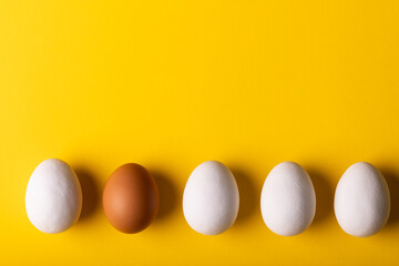 Overhead view of brown egg amidst whites arranged side by side with copy space on yellow background
