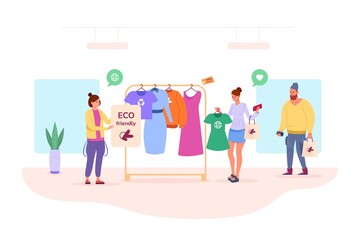 Clothing sustainable fashion. Eco friendly technologies retail fashionable product, ethical bright scene buy recycling textile technology, vector illustration