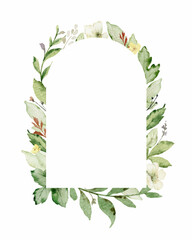 Watercolor vector frame with green forest foliage and flowers.