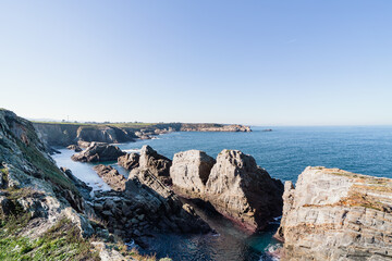 Coastal landscape with rocks and sea. Copy space.